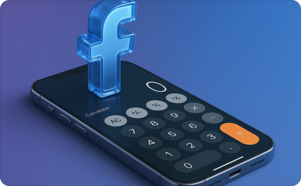 martphone calculator with a 3D Facebook logo symbolizing how to calculate and plan your Facebook ad budget.