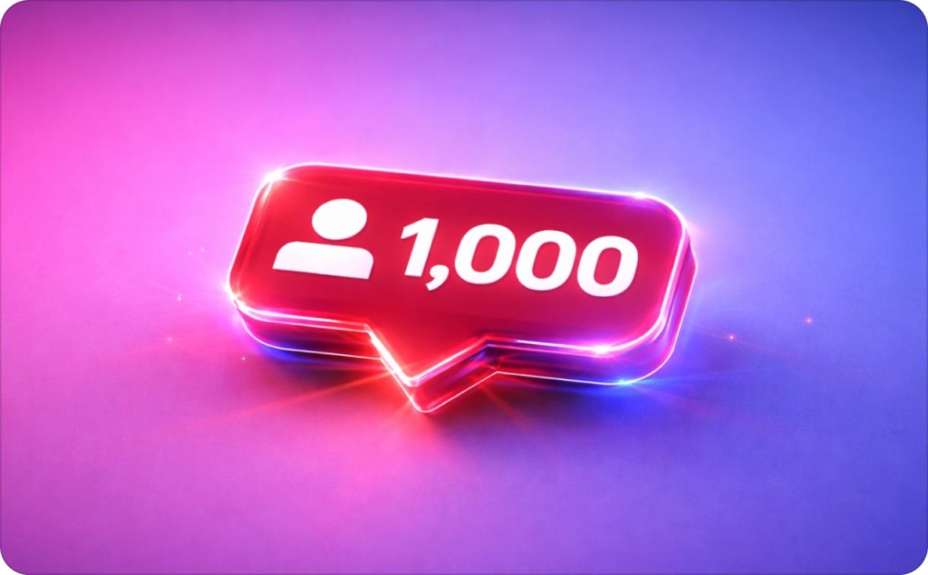 3D neon social notification icon showing 1,000 followers on a pink-to-purple gradient background, representing how to get 1K Instagram followers.