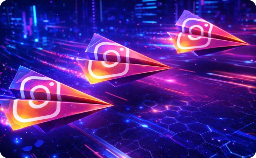 Neon illustration of Instagram paper planes representing how to get paid on instagram through messaging and promotion.