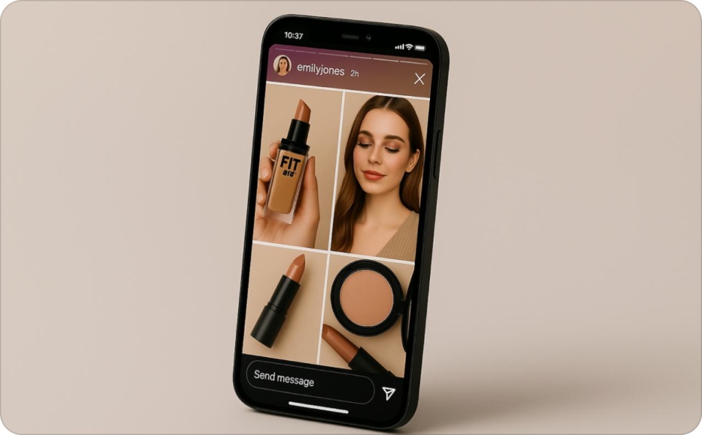 Smartphone displaying a collage on Instagram story with beauty product photos and a female model arranged in a four-image grid on a neutral background.