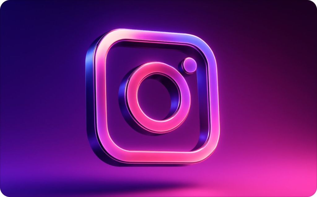 Neon Instagram logo on a purple and pink gradient background, representing social media branding and how to make money on Instagram through content creation and digital marketing.