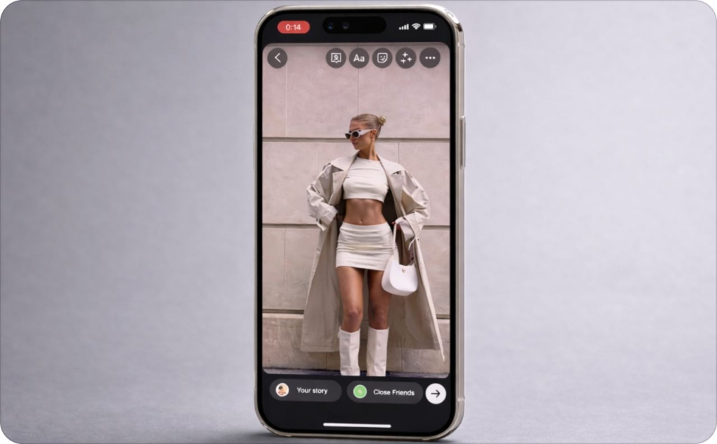 Phone screen showing a woman in an Instagram Story editor, ready to post on instagram story.