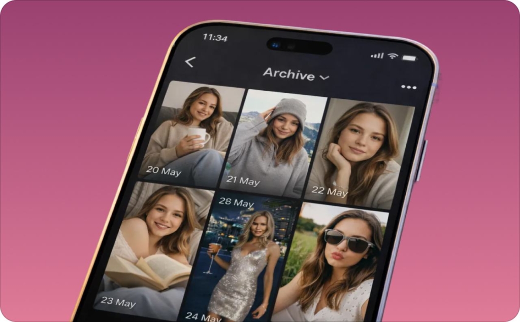 Close-up of a smartphone showing the Instagram Archive screen with a grid of saved Story thumbnails and dates, illustrating how to view old stories on Instagram.