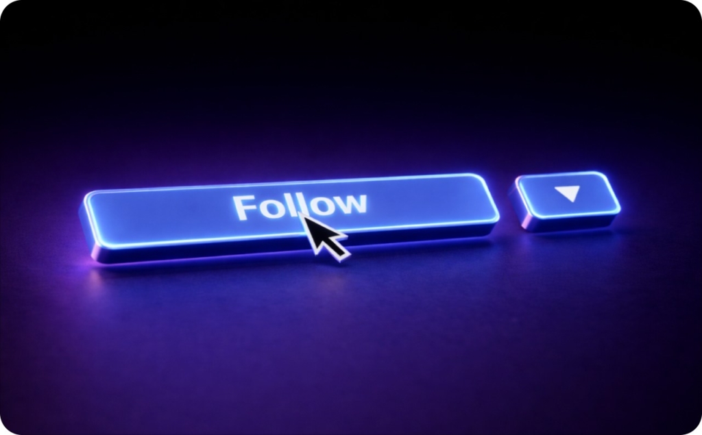 Glowing blue Follow button with a cursor clicking on it against a dark background, illustrating how to see who unfollowed you on Instagram.