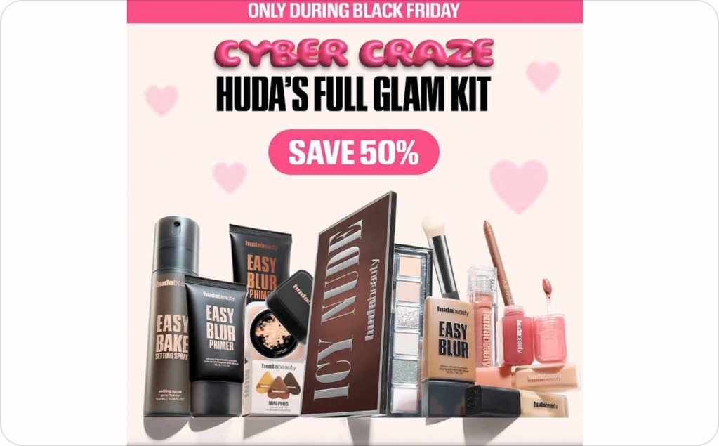 Huda Beauty Black Friday ad on Facebook
