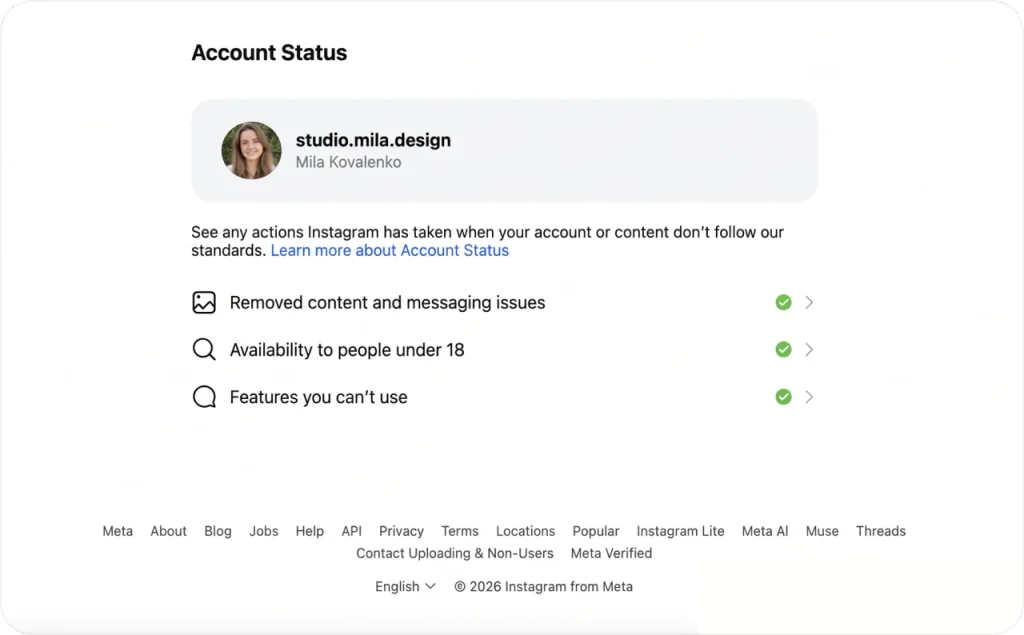real Account Status screen, with capture date and a caption pointing out what to look at
