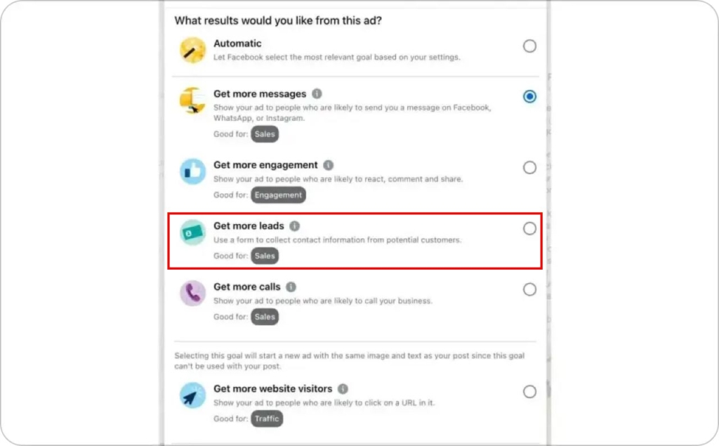 Meta ad objective screenshot