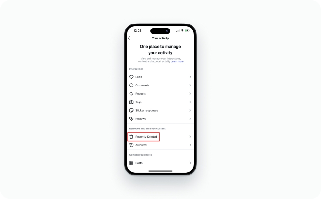 Instagram settings, recently deleted stories screenshot