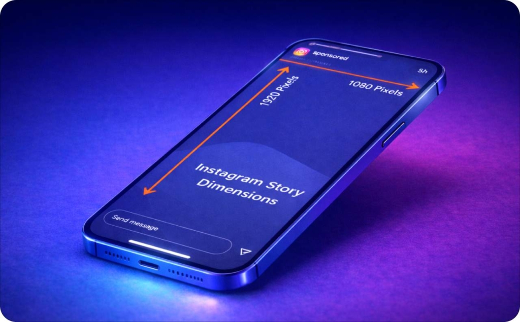 Smartphone mockup displaying Instagram story size and dimensions, showing a vertical screen with labeled measurements of 1080 pixels width and 1920 pixels height on a gradient background.
