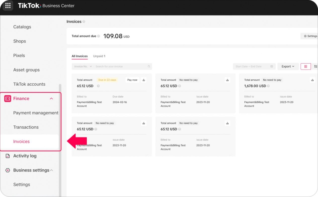 TikTok Business Help Center invoices