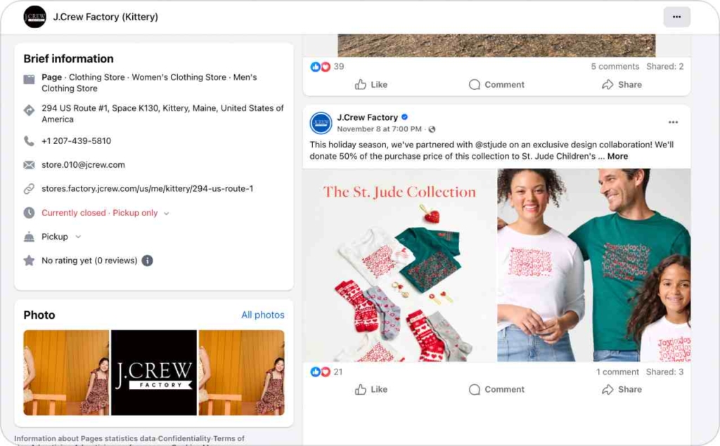 Screenshot of J.Crew Factory page on Facebook