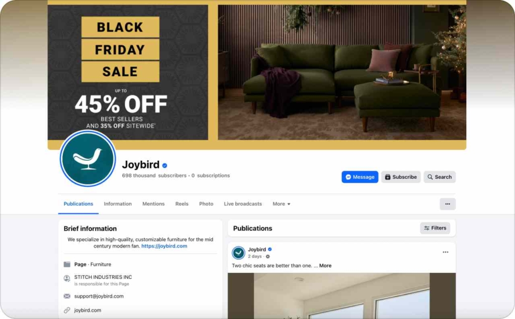 Screenshot of Joybird page on Facebook