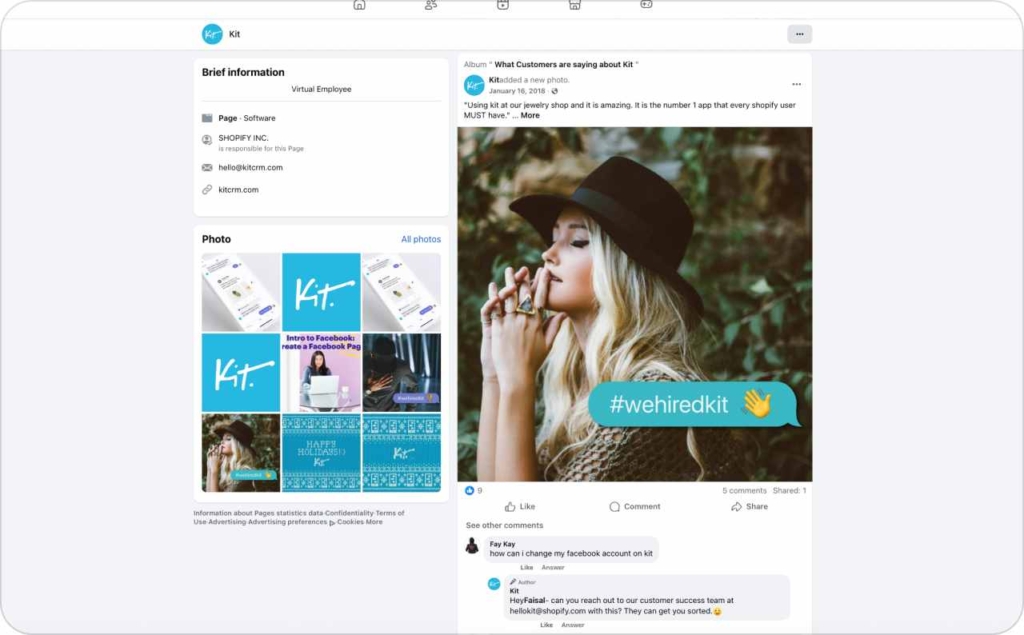 Screenshot of Kit page on Facebook