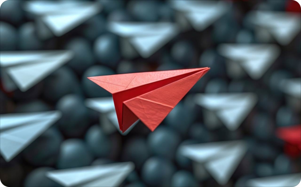 Red paper plane standing out among white planes, symbolizing uniqueness and effective Lead generation strategies.
