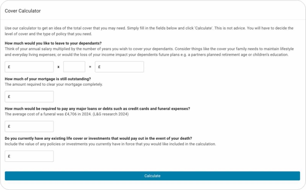 Legal & General cover calculator screenshot