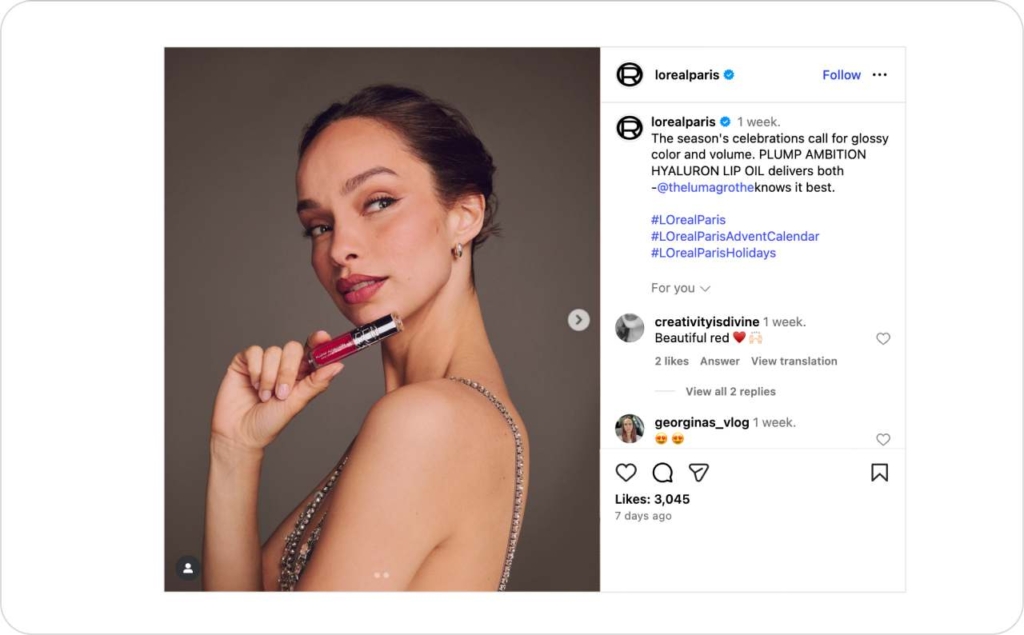 Screenshot of @lorealparis on Instagram