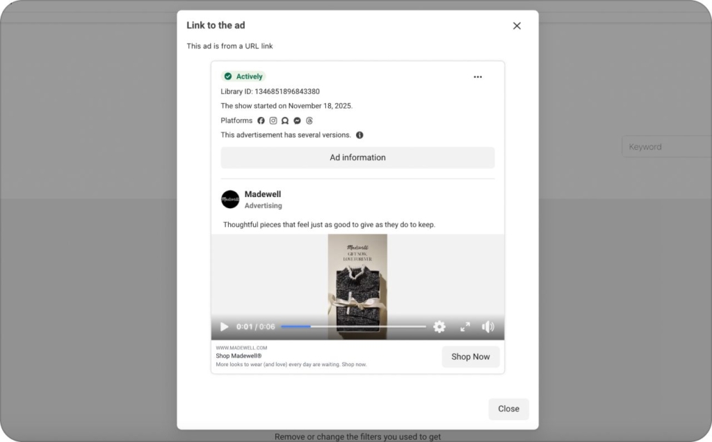 Screenshot of Madewell ad on Meta Library
