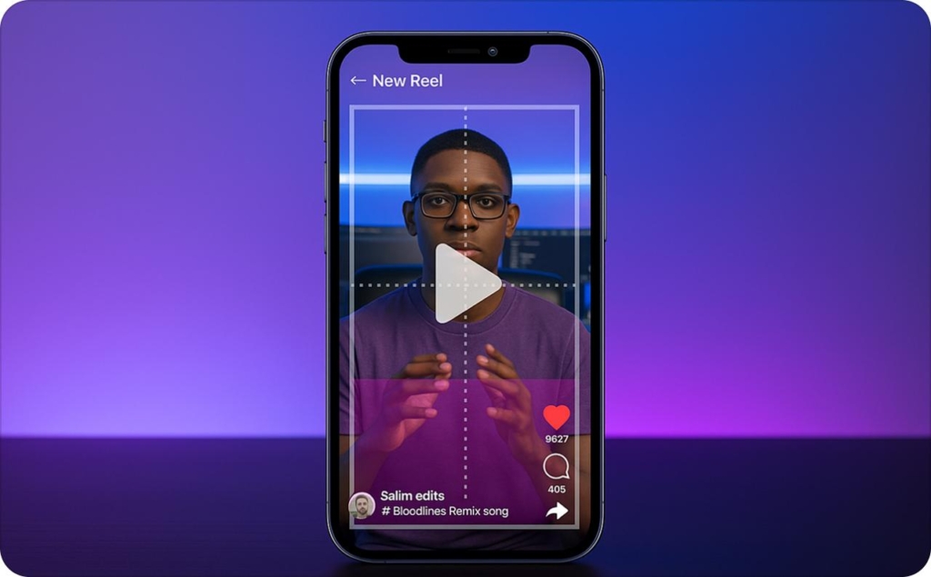 Smartphone screen showing a person recording an Instagram Reel with visual guides highlighting Instagram safe zones for vertical video framing, centered subject, and on-screen engagement icons against a purple gradient background.
