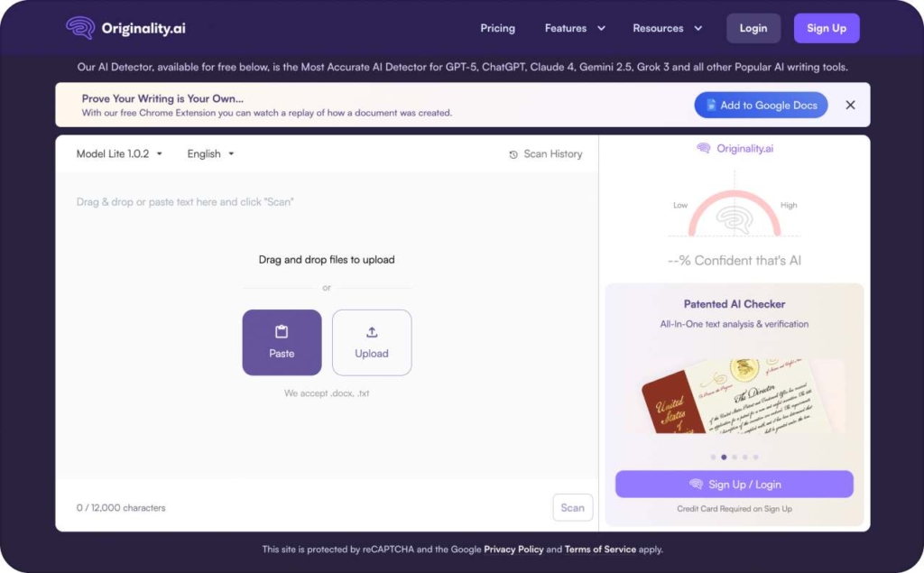 Originality.ai landing page screenshot