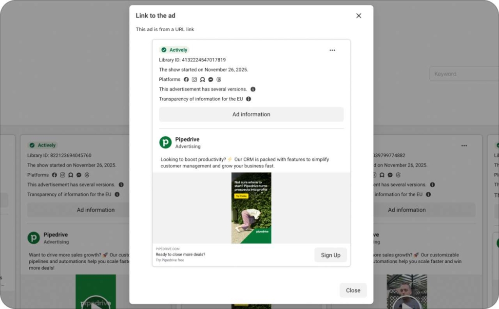 Screenshot of Pipedrive ad on Meta Library