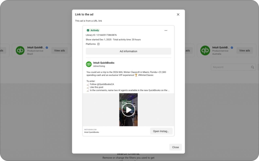 Screenshot of QuickBooks ad on Meta Library