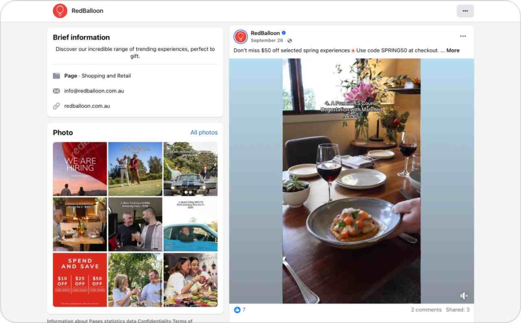 Screenshot of RedBallon page on Facebook