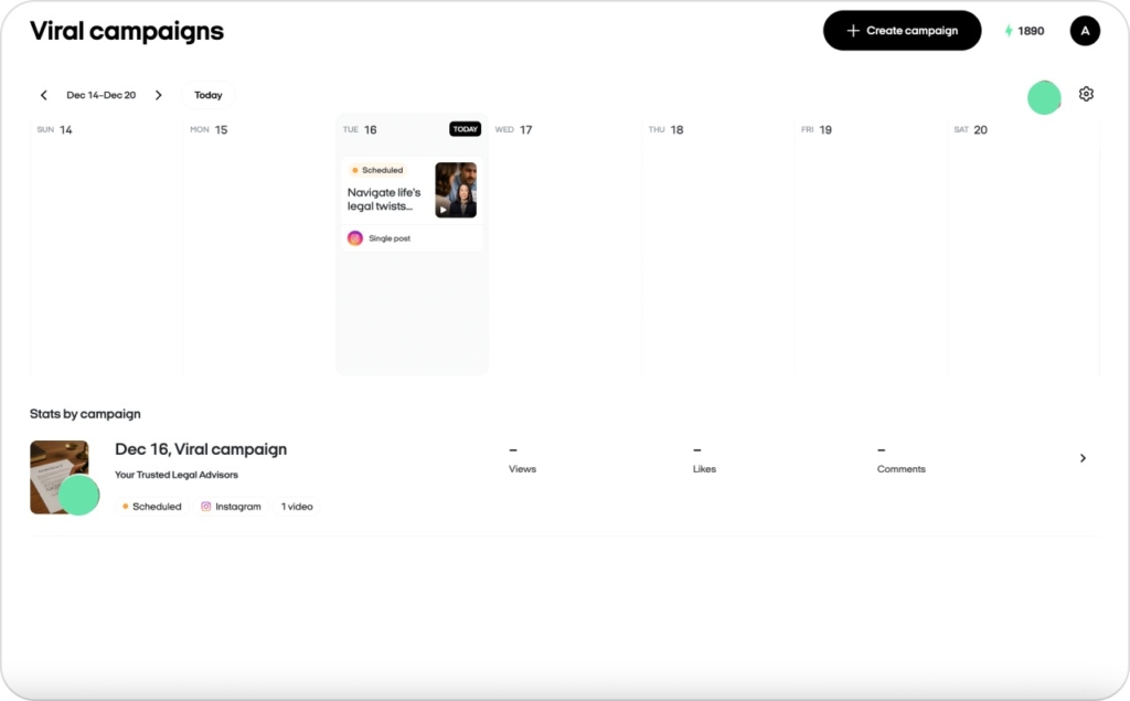 Screenshot of viral campaigns schedule