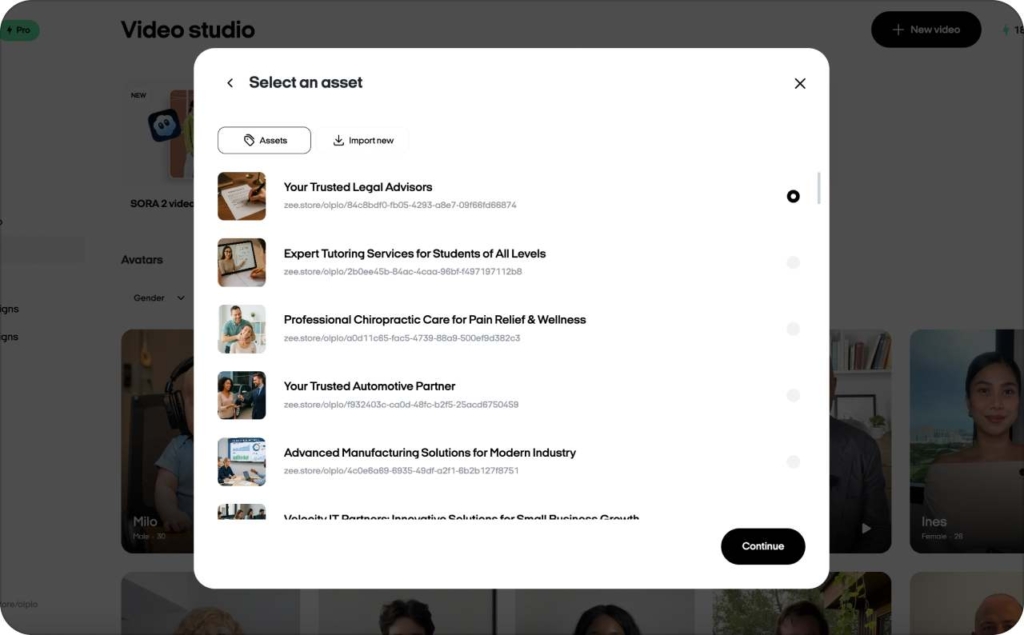 Zeely AI video studio select an asset screenshot