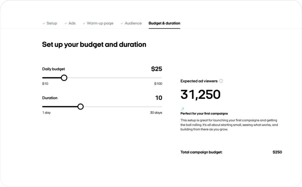 Setting up Zeely campaign budget and duration screenshot