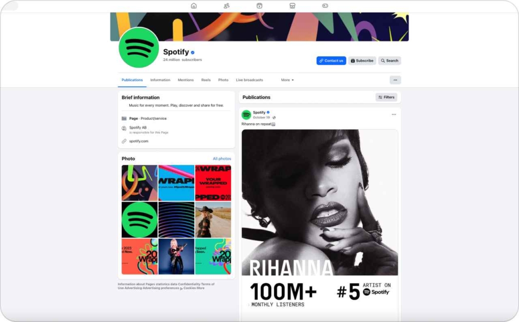 Screenshot of Spotify page on Facebook