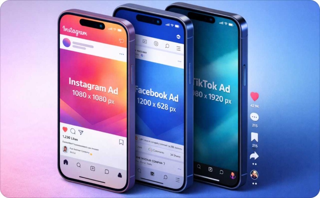 Illustration showing digital ad sizes for Instagram, Facebook, and TikTok ads displayed on mobile screens.