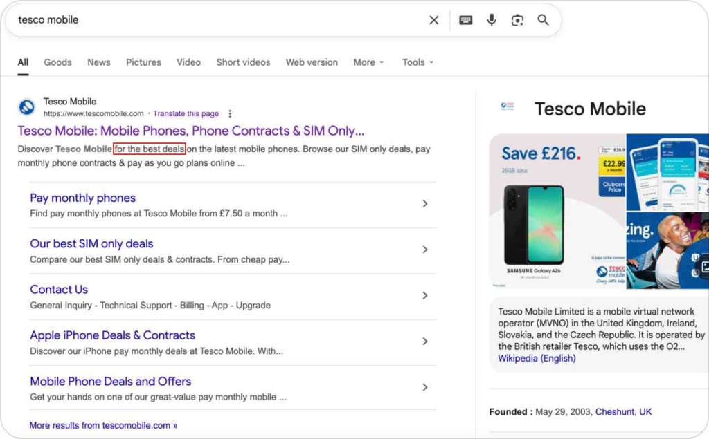 Tesco Mobile in Gogle search