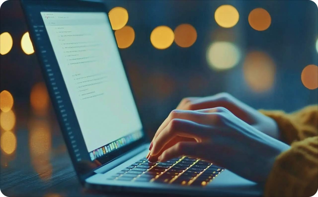 Hands typing on a laptop keyboard at night, creating copywriting ads with a warm bokeh background.