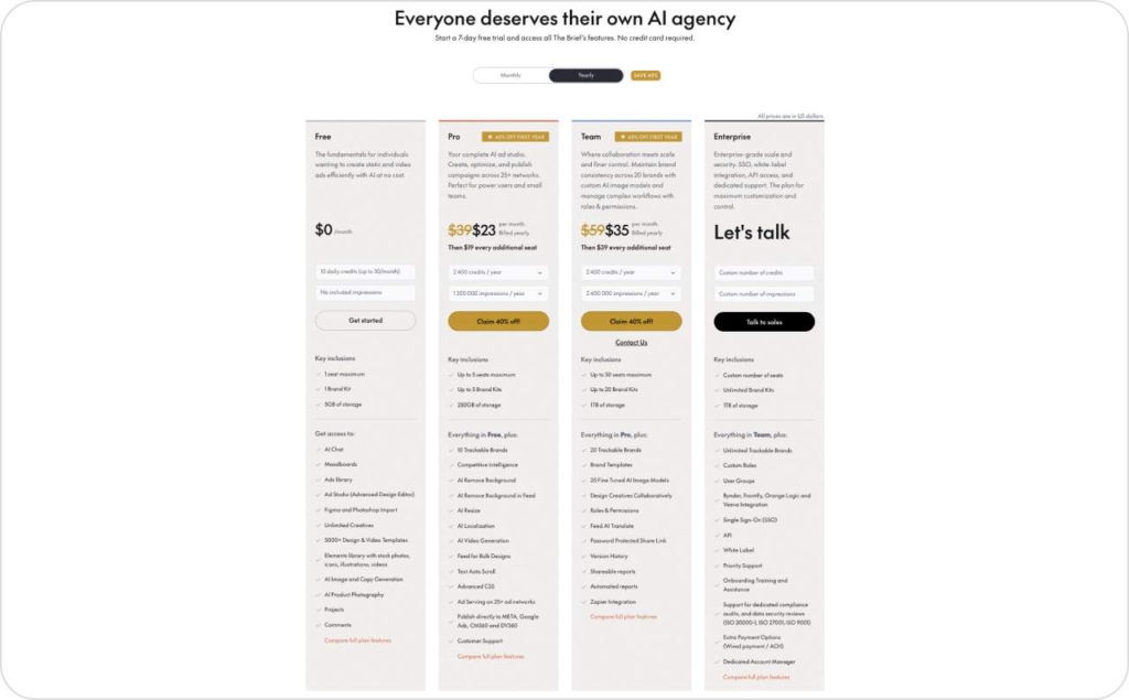 The Brief pricing screenshot