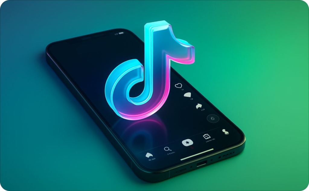 Smartphone displaying the TikTok interface with a glowing TikTok logo above the screen, illustrating TikTok safe zones for vertical video content and on-screen UI elements on a green-to-blue gradient background.