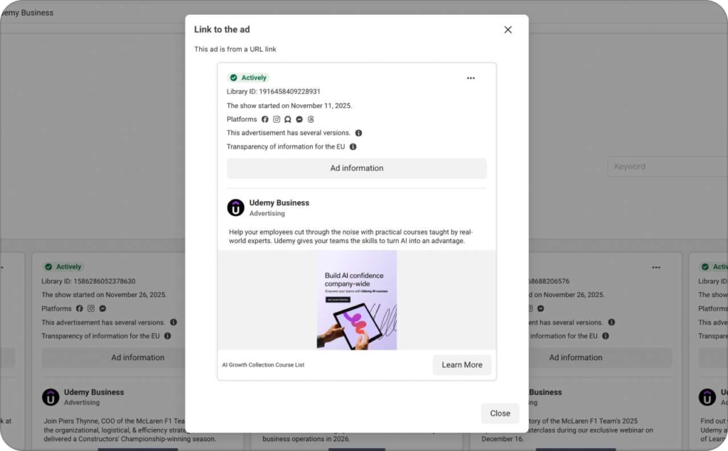 Screenshot of Udemy Business ad on Meta Library