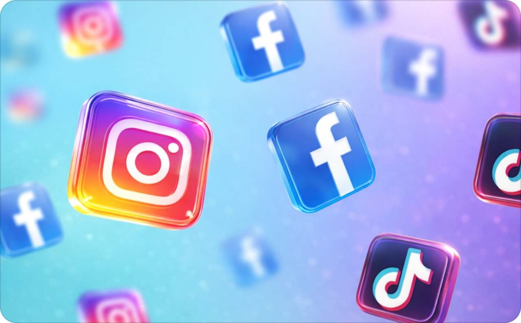 3D floating Instagram, Facebook, and TikTok icons on a colorful gradient background, illustrating which social media platform pays the most.