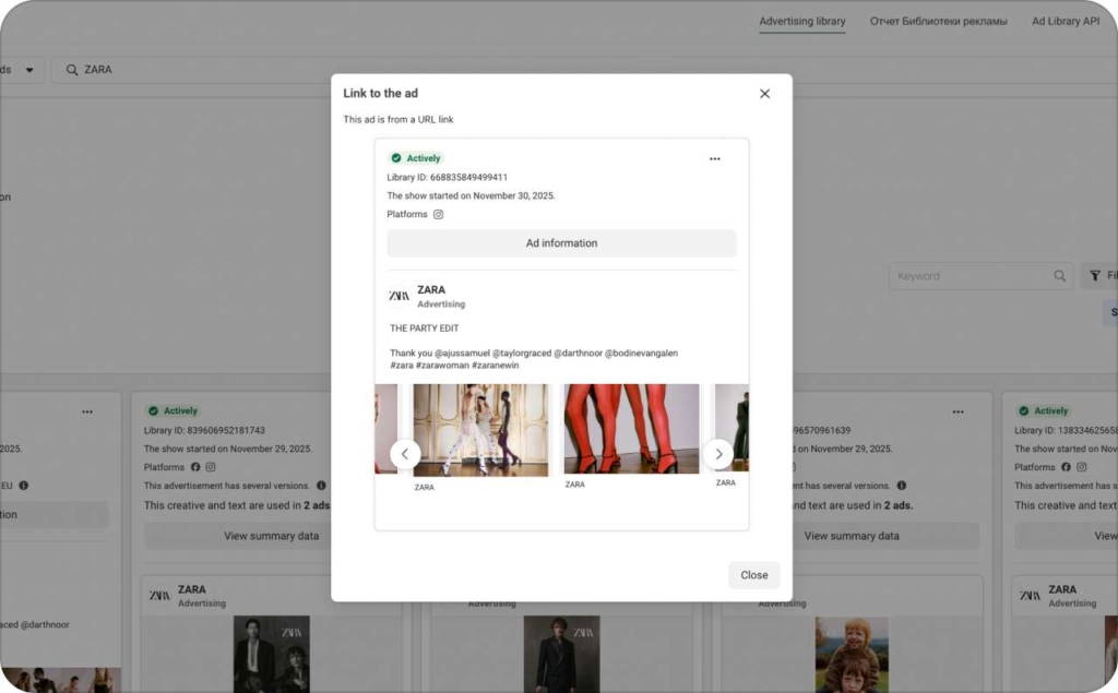 Zara advertising in Meta Library