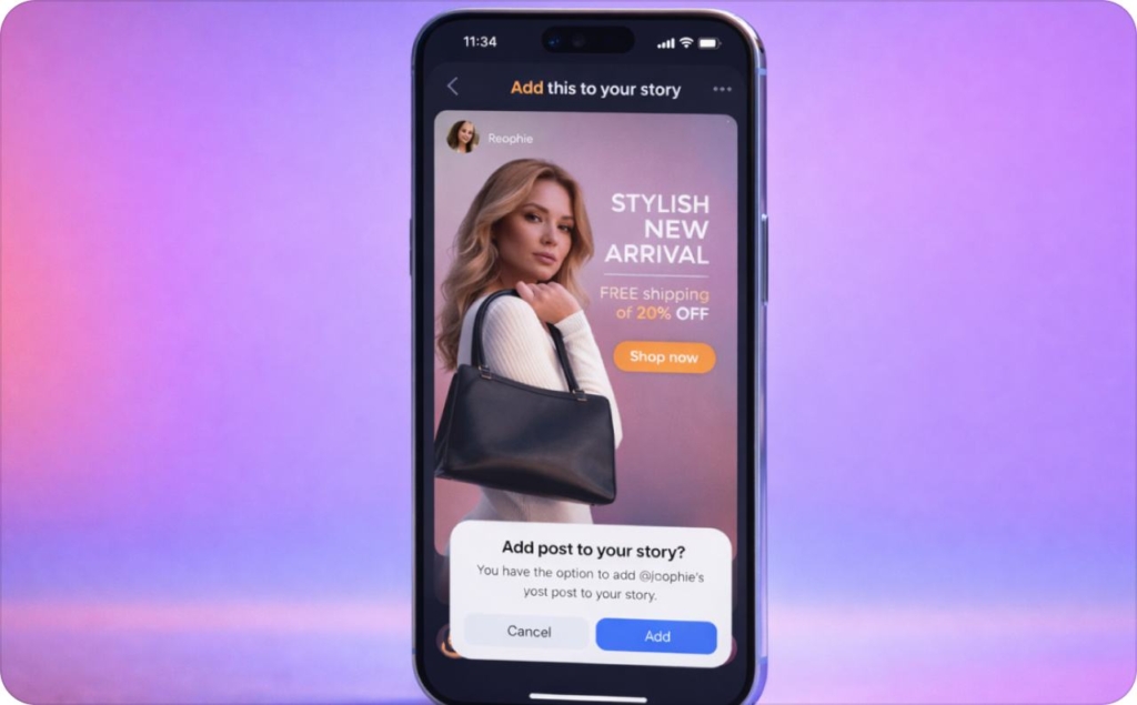 How to repost a story on Instagram: iPhone screen showing an Instagram Story ad with a woman holding a black handbag, “Stylish New Arrival” text, and an “Add post to your story?” popup with Cancel and Add buttons on a purple gradient background.