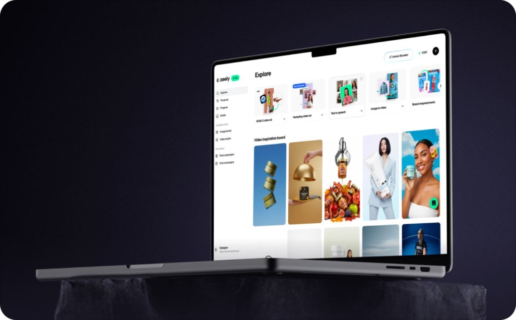 “Laptop displaying the Zeely Explore dashboard with AI content tools and a video inspiration board, showing how zeely works for creating marketing visuals and videos.