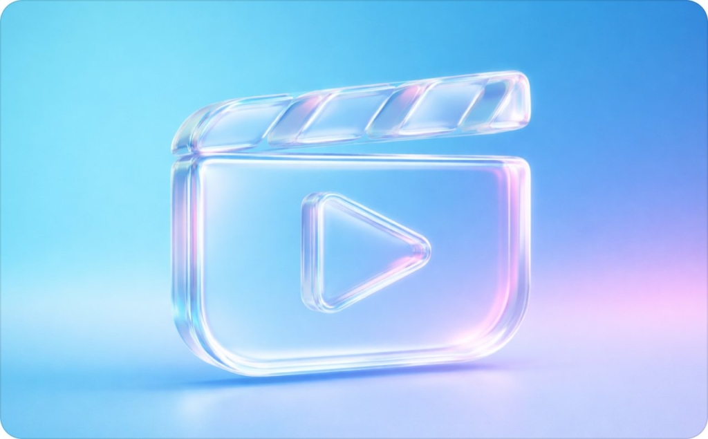 Transparent 3D video play icon on a soft blue and purple gradient background, representing an ai reel maker for creating short-form video content.