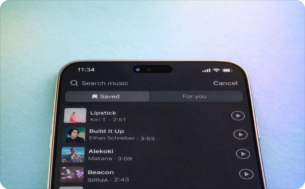 Close-up of a smartphone showing Instagram’s ‘Search music’ screen with a list of songs and play buttons, demonstrating how to add music to Instagram Story