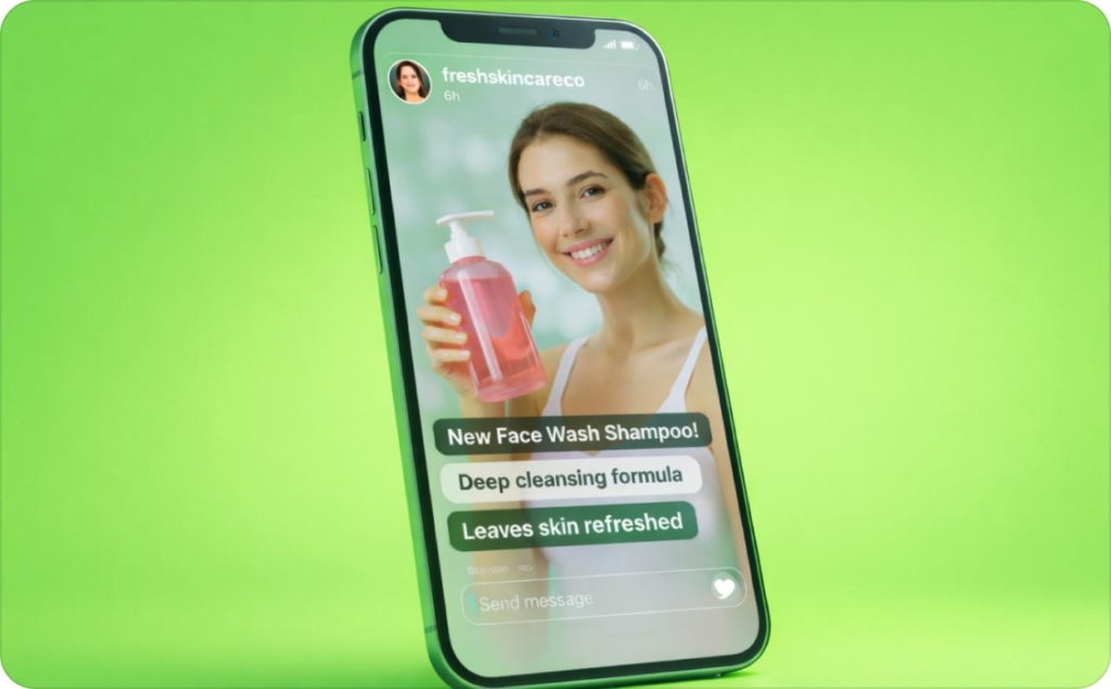 Smartphone displaying an Instagram Story of a skincare brand promotion with product highlights, illustrating instagram captions ideas for engaging social media marketing.