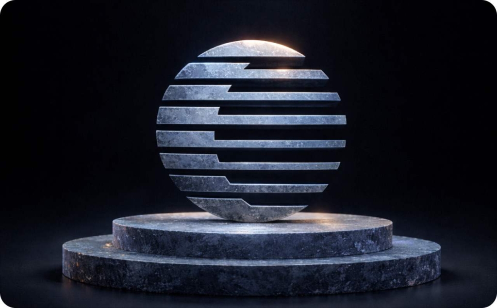 Abstract metallic sphere logo displayed on a dark pedestal background, symbolizing brand value and raising the question is Zeely worth it for modern businesses