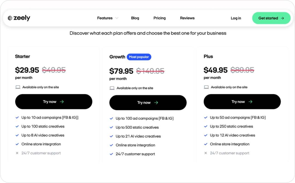 Zeely AI pricing page screenshot