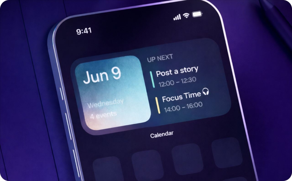 Close-up of a smartphone screen displaying a digital calendar with a reminder to “Post a story” at 12:00—used to schedule Instagram stories efficiently.