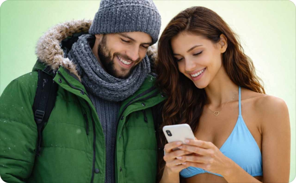 A couple in contrasting outfits winter coat and bikini, smile at a phone together. Perfect for showcasing playful seasonal caption ideas that mix summer vibes with winter style.