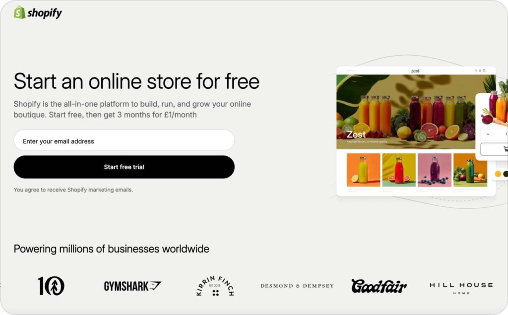 Shopify landing page screenshot