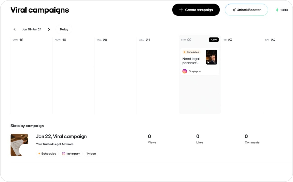 Zeely AI studio, screenshot of scheduled viral campaign