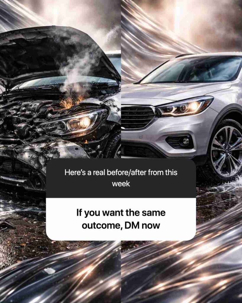 Zeely AI ad portraying before-and-after of the broken car after repair